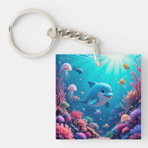 Playful Dolphin and Colourful Marine Life Keychain