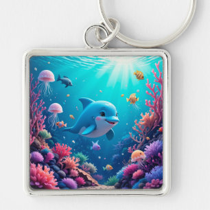Playful Dolphin and Colourful Marine Life Keychain