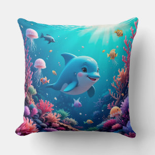 Playful Dolphin and Colourful Marine Life Throw Pillow