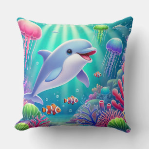 Playful Dolphin in a Vibrant Coral Reef Throw Pillow