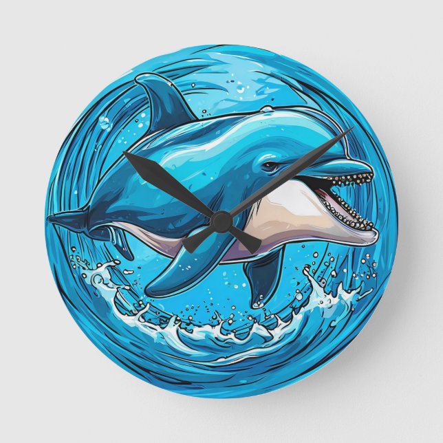 Playful Dolphin Jumping in Splashes of Water Round Clock (Front)