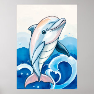Playful Dolphin Wave Painting Poster