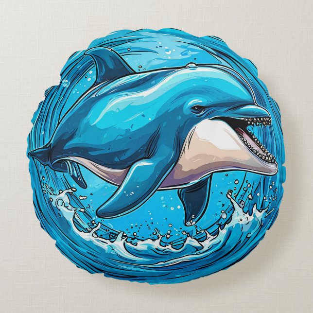 Playful Dolphin Waves For Beach Home Style Round Pillow (Front)