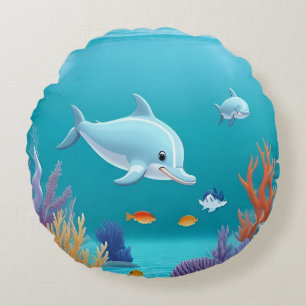 Playful Dolphins Exploring a Vivid Coral Reef Round Pillow