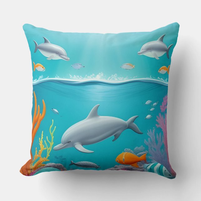 Playful Dolphins Exploring a Vivid Coral Reef Throw Pillow (Front)