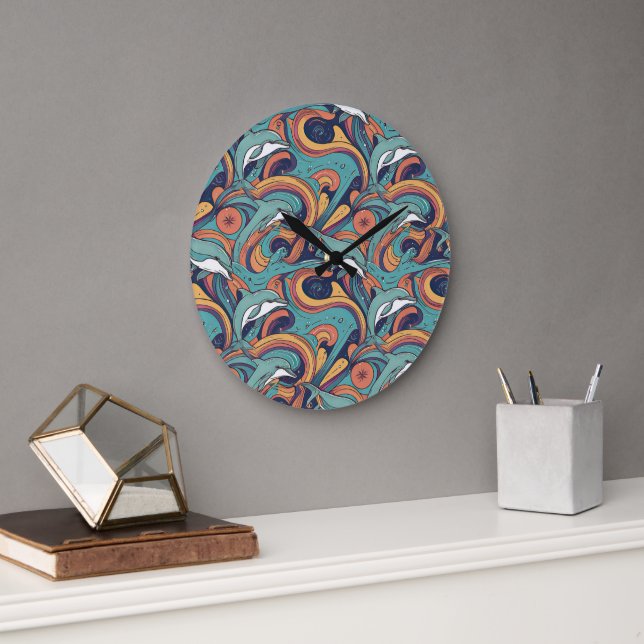 Playful Dolphins Pattern – Ocean-Inspired Design Large Clock (Office)