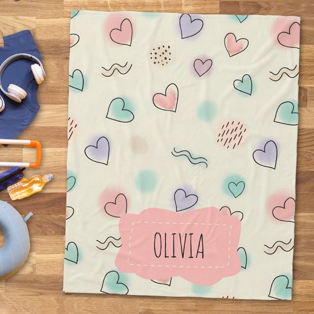 Playful Doodles of Hearts, Dots and Wavy Lines Fleece Blanket (Creator Uploaded)