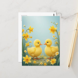 Playful Ducklings Among Daffodils Postcard