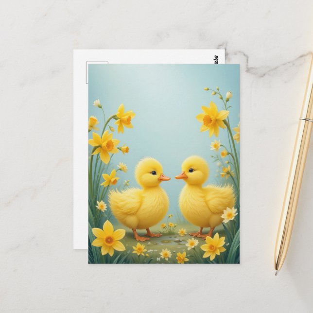 Playful Ducklings Among Daffodils  Postcard (Front/Back In Situ)