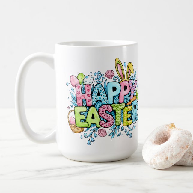 Playful Easter Artwork With Bunny Ears and Florals Coffee Mug (With Donut)