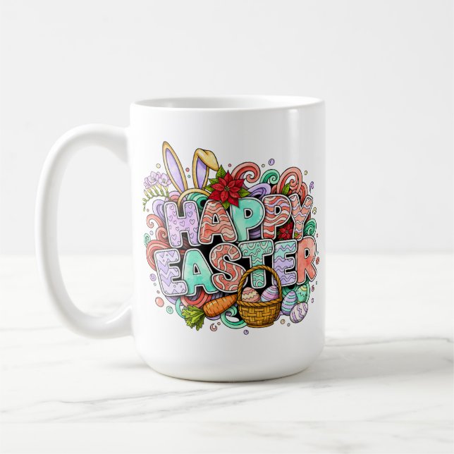 Playful Easter Artwork With Bunny Ears and Florals Coffee Mug (Left)