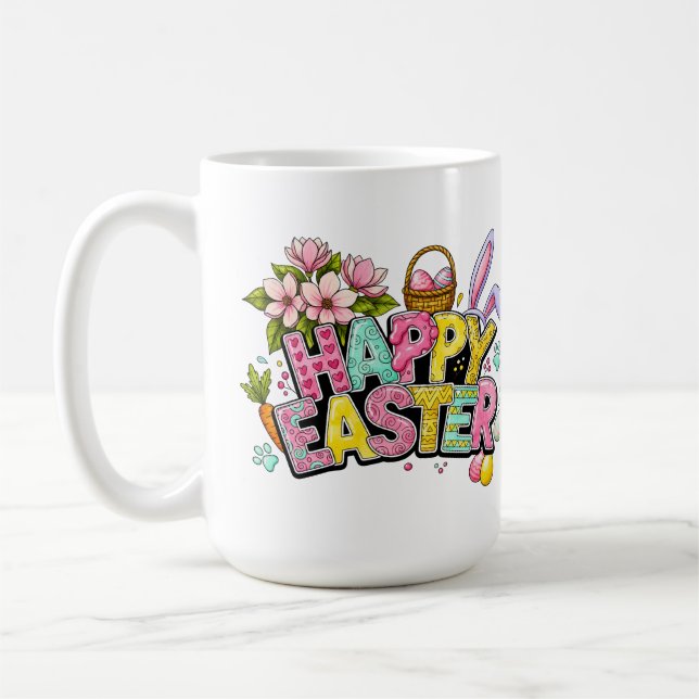 Playful Easter Artwork With Bunny Ears and Florals Coffee Mug (Left)
