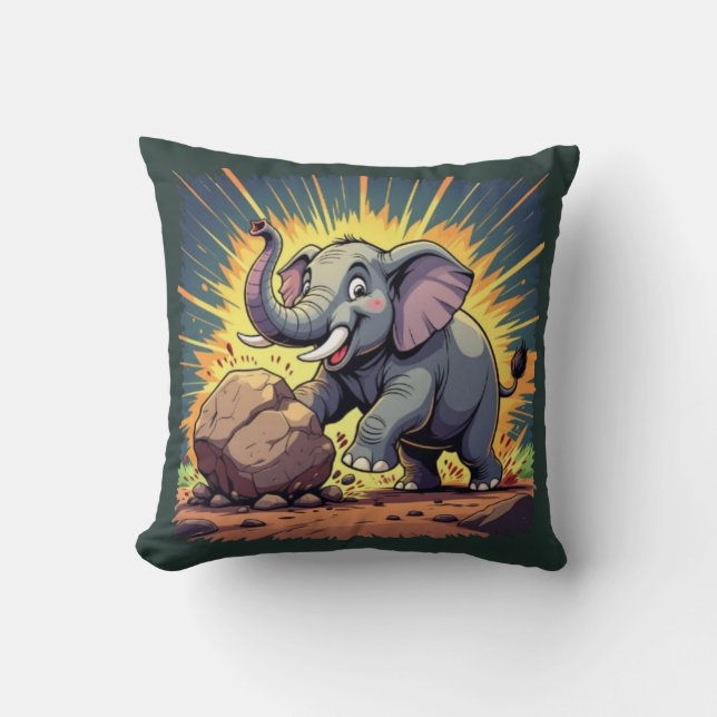 Playful Elephant Pushing a Rock – Fun Cartoon Anim Throw Pillow (Front)