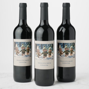 Playful Elves Running in the Snow Custom Text Wine Label