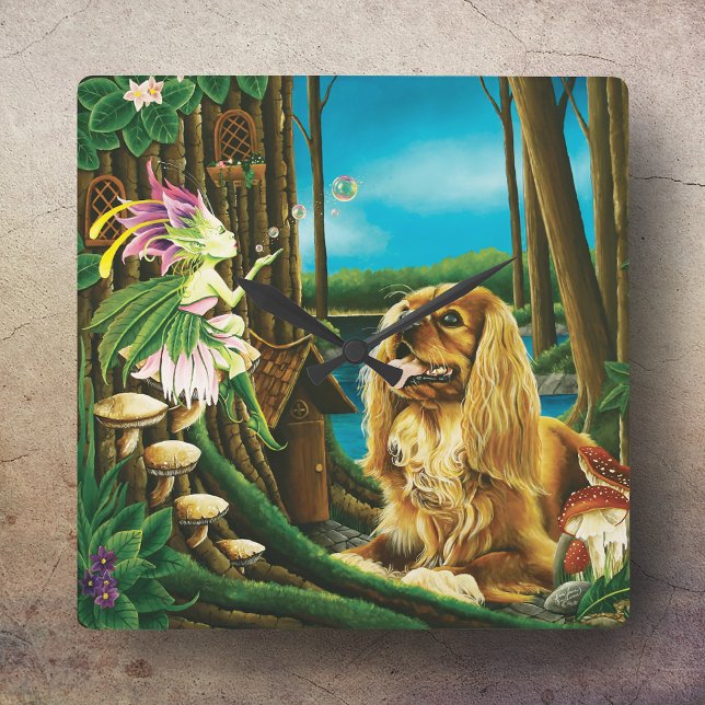 Playful Fantasy Cavalier Spaniel Fairy Sprite Square Wall Clock (Creator Uploaded)
