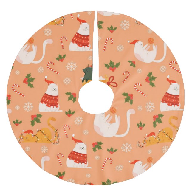 Playful Fat Cats Christmas Pattern Brushed Polyester Tree Skirt (Front)