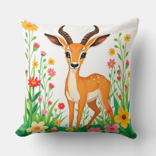 Playful Fawn Among Vibrant Spring Flowers Throw Pillow
