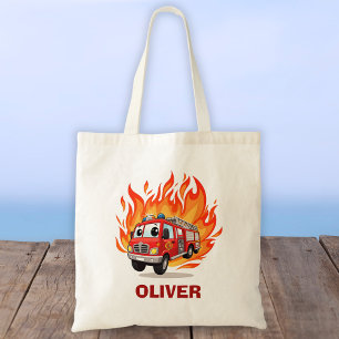 Playful Fire Truck with Flames Personalized Tote Bag