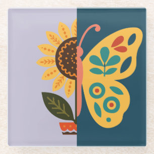 Playful floral and butterfly design  glass coaster