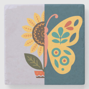 Playful floral and butterfly design  stone coaster