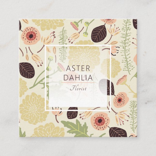 Playful Floral Cream Pink Green Patterned Flowers Square Business Card (Front)