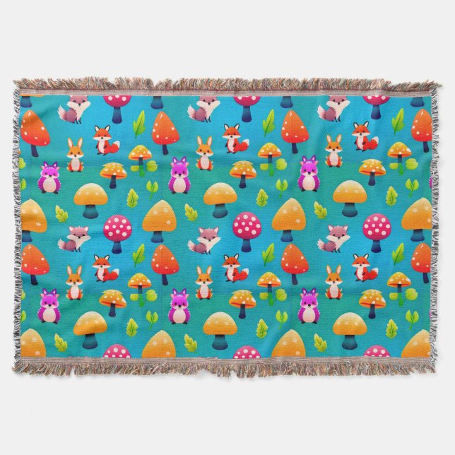 🌿 Playful Forest Cute Animals Cozy Nature Scene  Throw Blanket (Front)