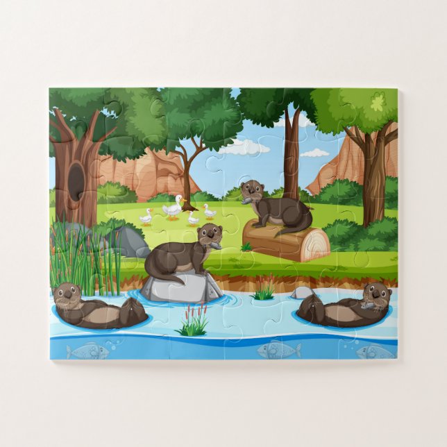 Playful Forest Otters Adventure Jigsaw Puzzle (Horizontal)