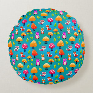 Playful Forest Scene With Cute Animals Round Pillow