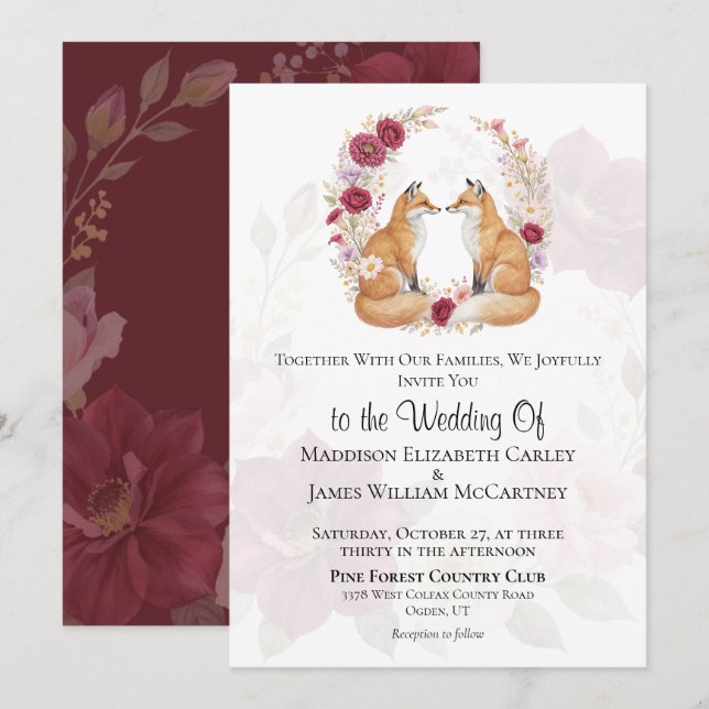 Playful Fox Autumn Floral Wedding Invitation (Front/Back)