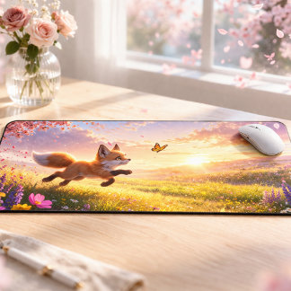 Playful Fox Cubs in Spring Blossom Meadow Desk Mat