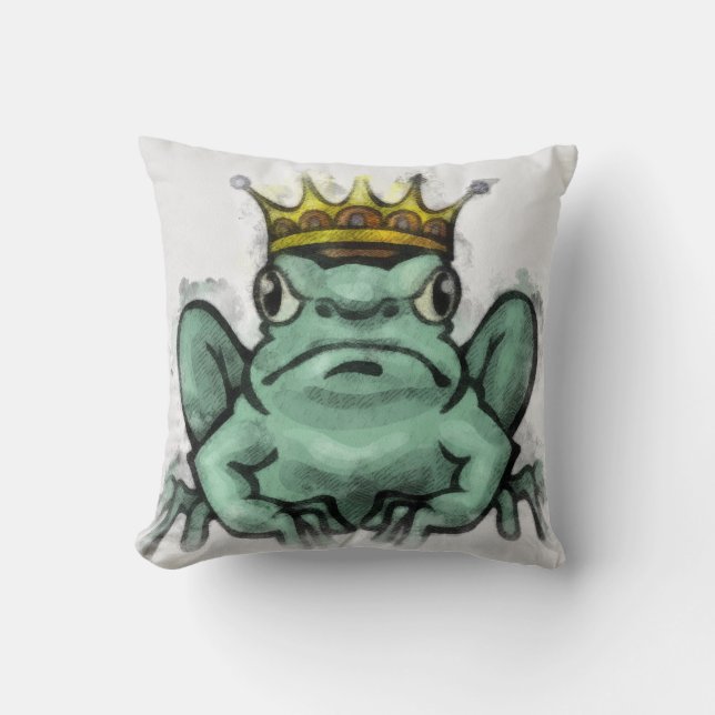 Playful Frog King Illustration Pillow (Front)