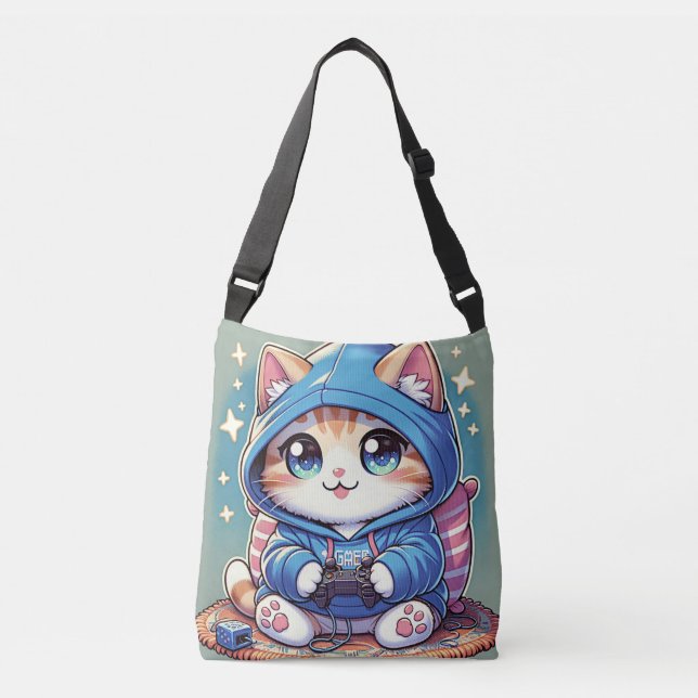 Playful Gamer Cat  in Cozy Setting Crossbody Bag (Front)