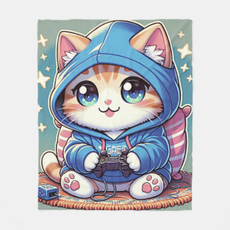 Playful Gamer Cat in Cozy Setting Fleece Blanket