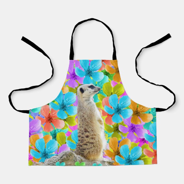 Playful Garden: Meerkat Amid Tricolored Blossoms Apron (Front)