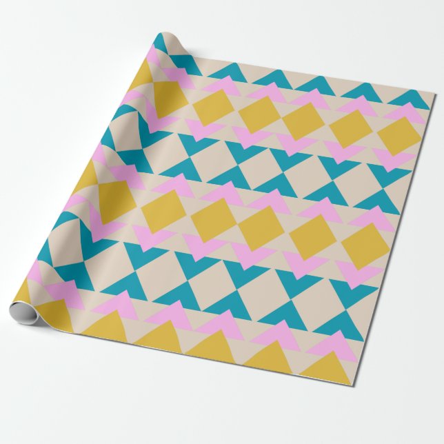 Playful Geometric Pattern Teal Yellow Pink Cute Wrapping Paper (Unrolled)