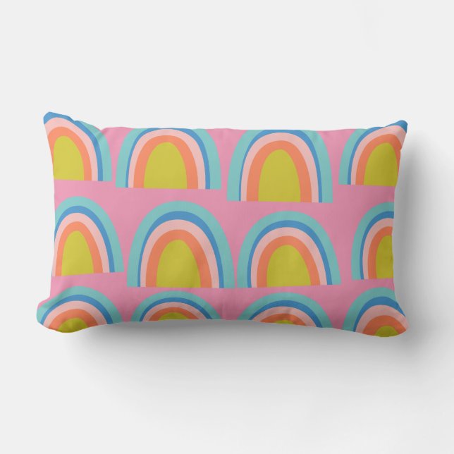 Playful Geometric Rainbow Pattern in Bright Pink Lumbar Pillow (Front)