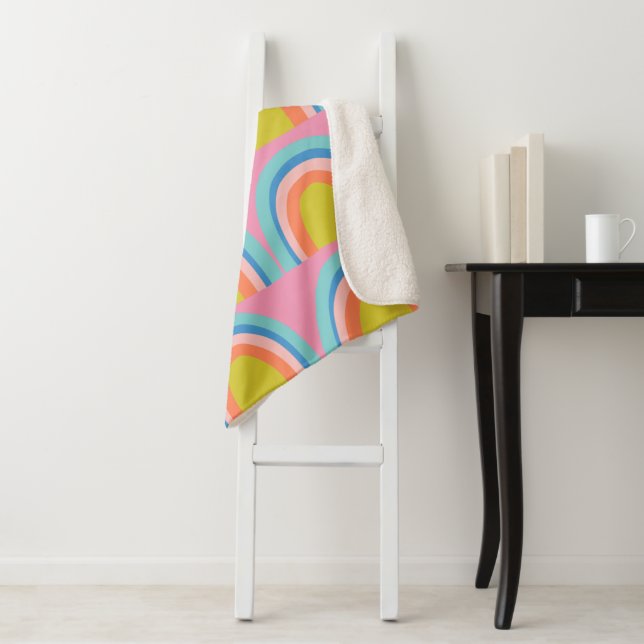 Playful Geometric Rainbow Pattern in Bright Pink Sherpa Blanket (In Situ)