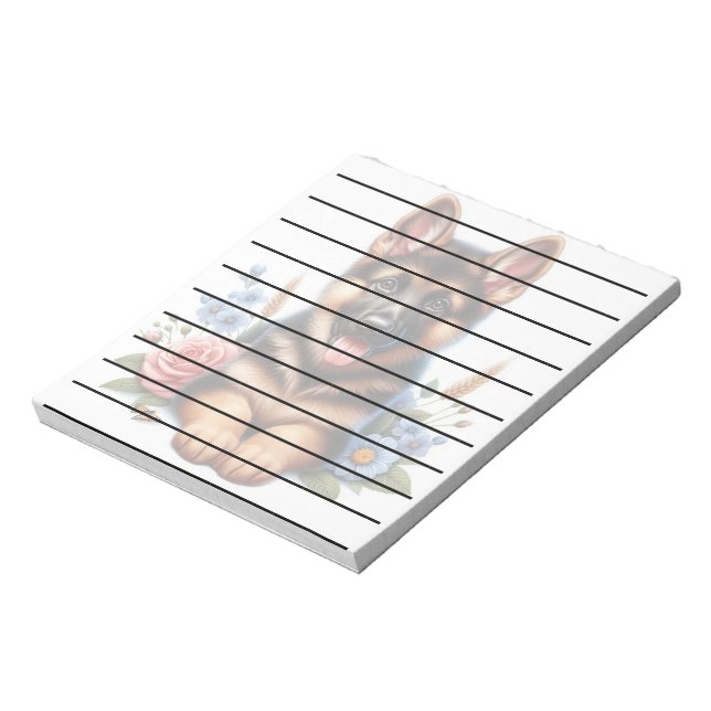 Playful German Shepherd Puppy with Flowers  Notepad (Rotated)