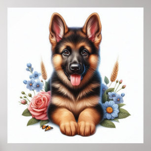 Playful German Shepherd Puppy with Flowers  Poster