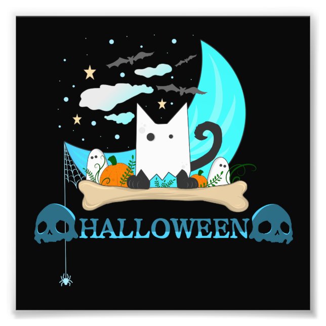 Playful Ghost Cat Haunts Halloween Night Photo Print (Front)