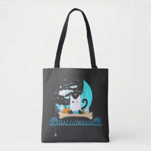 Playful Ghost Cat Haunts Halloween Night Tote Bag