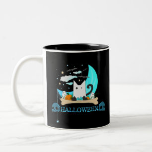 Playful Ghost Cat Haunts Halloween Night Two-Tone Coffee Mug