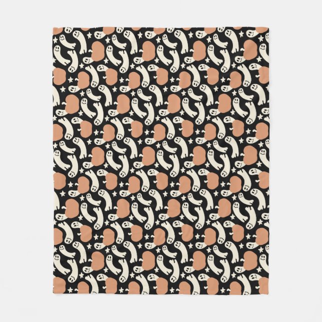 Playful Ghosts and Pumpkins on Black – Halloween R Fleece Blanket (Front)