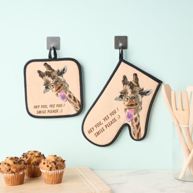 Playful Giraffe Custom Text Funny Oven Mitt & Pot Holder Set (Insitu(Hanging))