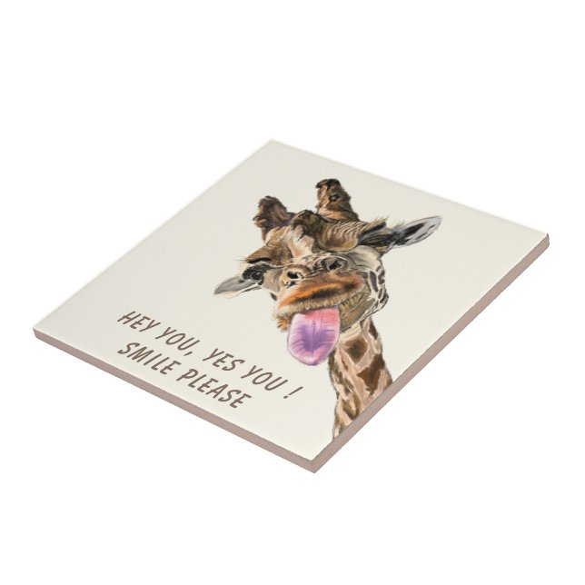 Playful Giraffe Tongue Out Ceramic Tile Smile (Side)