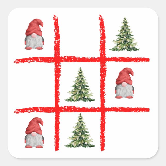 Playful Gnome Christmas Tic Tac Toe Card Square Sticker (Front)