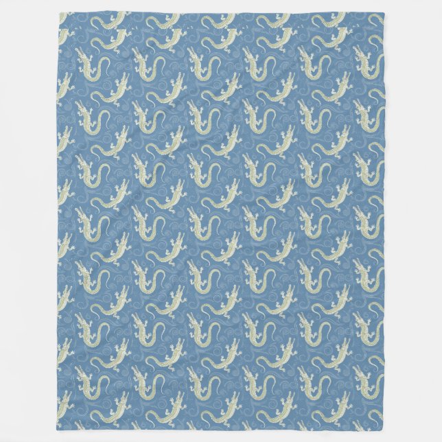 Playful Green Alligator Paisley on Blue Fleece Blanket (Front)