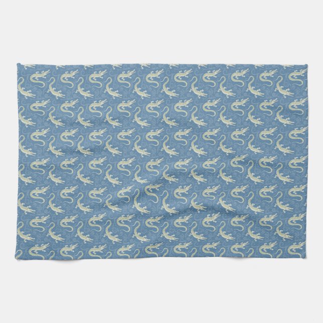 Playful Green Alligator Paisley on Blue Kitchen Towel (Horizontal)