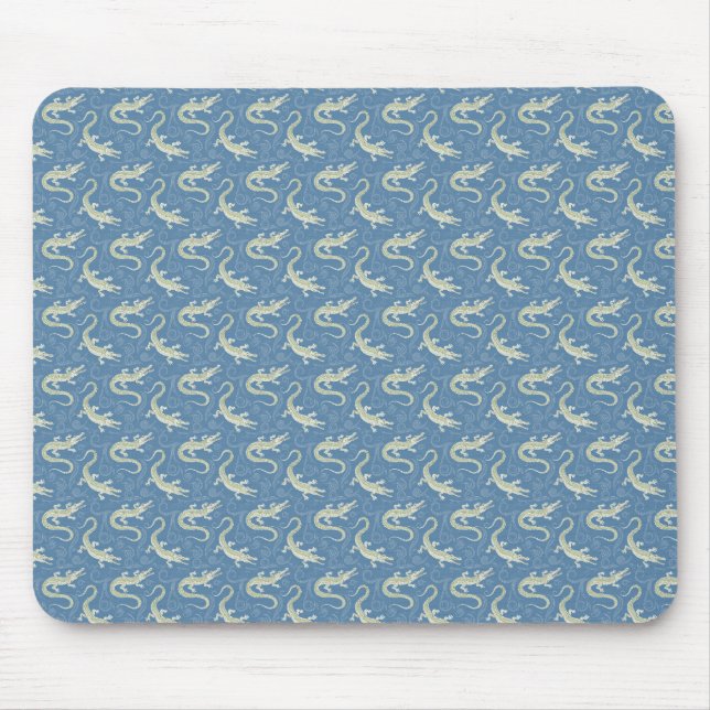 Playful Green Alligator Paisley on Blue Mouse Pad (Front)