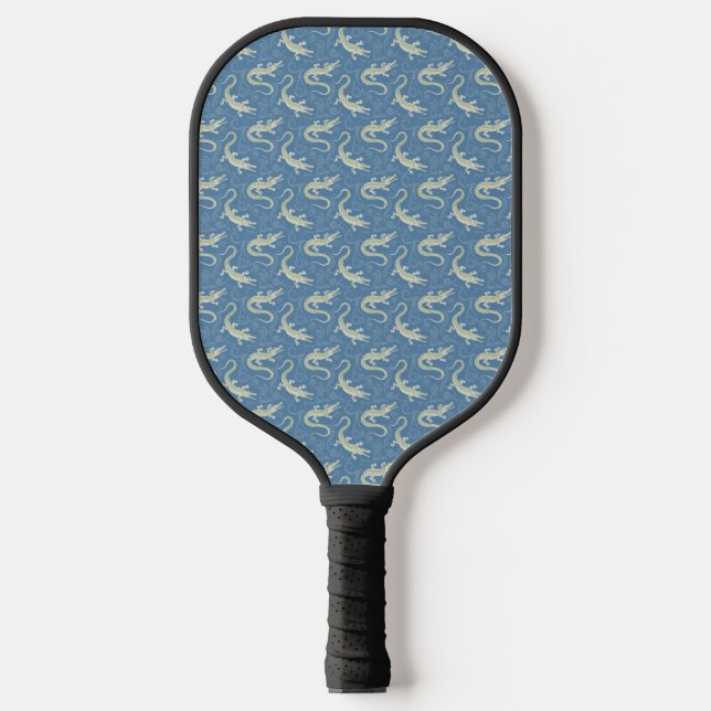 Playful Green Alligator Paisley on Blue Pickleball Paddle (Front)